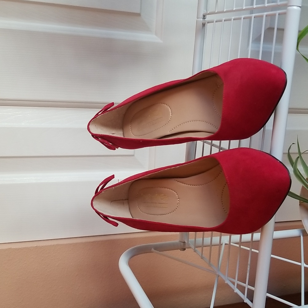 Coach and Four, red, suede pumps.